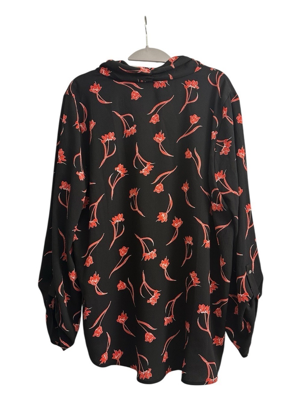 Chaus Floral V-Neck Tab Sleeve Blouse in Black with Red Print - Picture 3 of 11